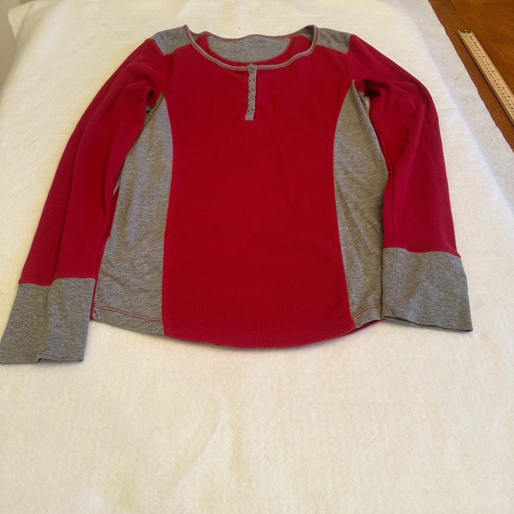 Eddie Bauer Henley Shirt Womens L Red Gray Long Sleeve Thermal Outdoor